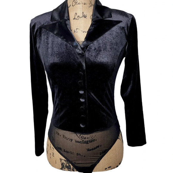 Sagaie France Vintage Womens Designer Satin Velor Tuxedo Body Suit Size 2 Black - Picture 1 of 16